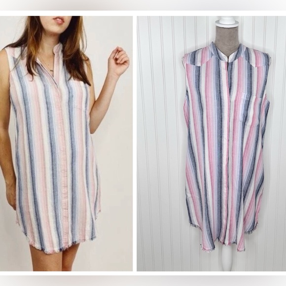cloth & stone Dresses & Skirts - Cloth & Stone Sleeveless Button Down‎ Shirt Dress Frayed Hem Size M Linen Blend